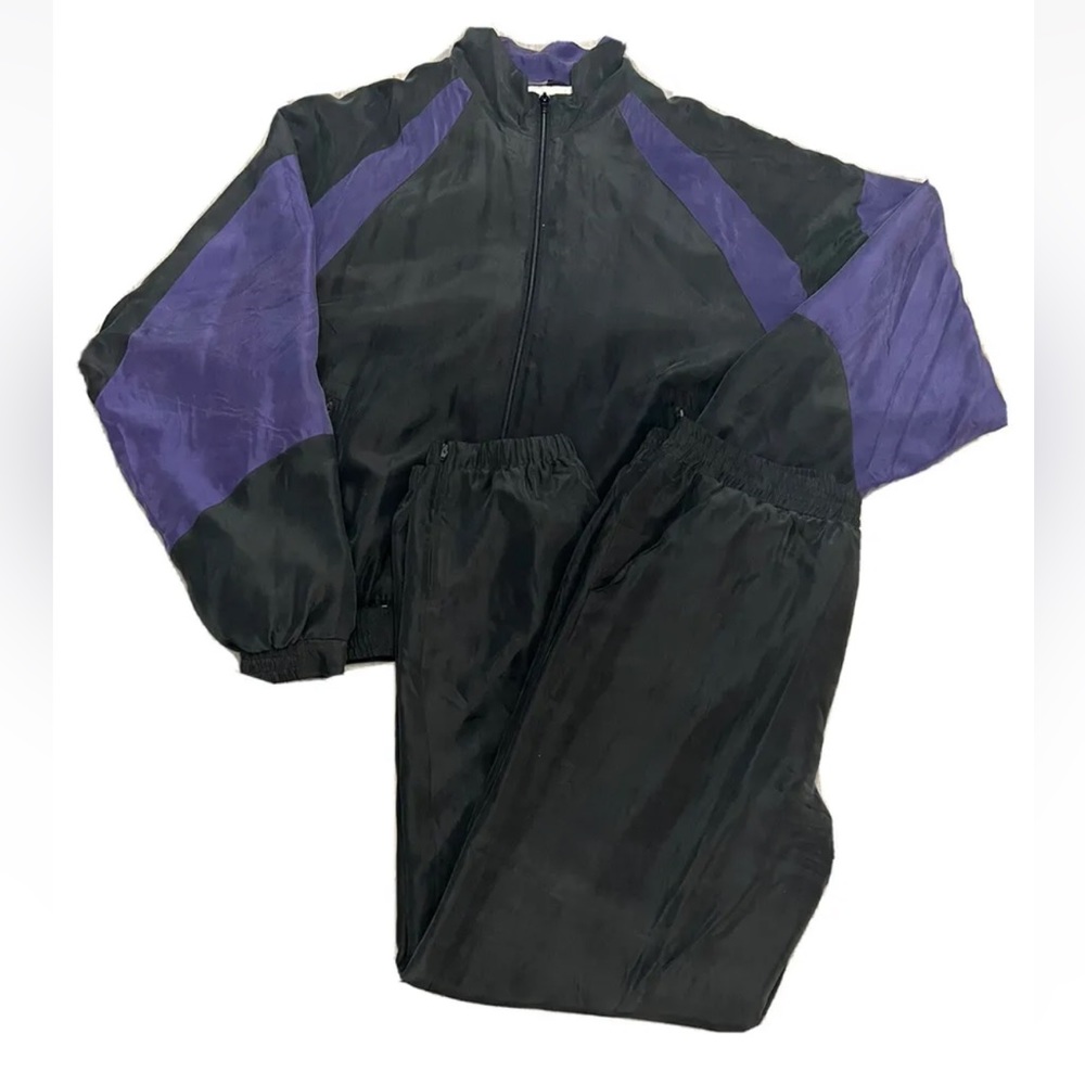 Vintage Silk Christian Dior Monsieur Tracksuit Set Sz M, Blk + Purple